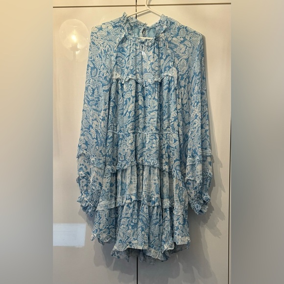 Anthropologie Light Blue & White Sheer Floral Ruffle Mini Dress - Picture 6 of 9